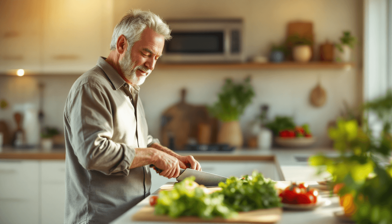 Person preparing fresh vegetables in a warm, sunlit kitchen